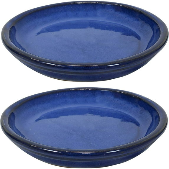 Sunnydaze Ceramic Outdoor Flower Pot Saucers Set of 2 - UV- and Frost-Resistant - Imperial Blue Glazed Finish - 7-Inch