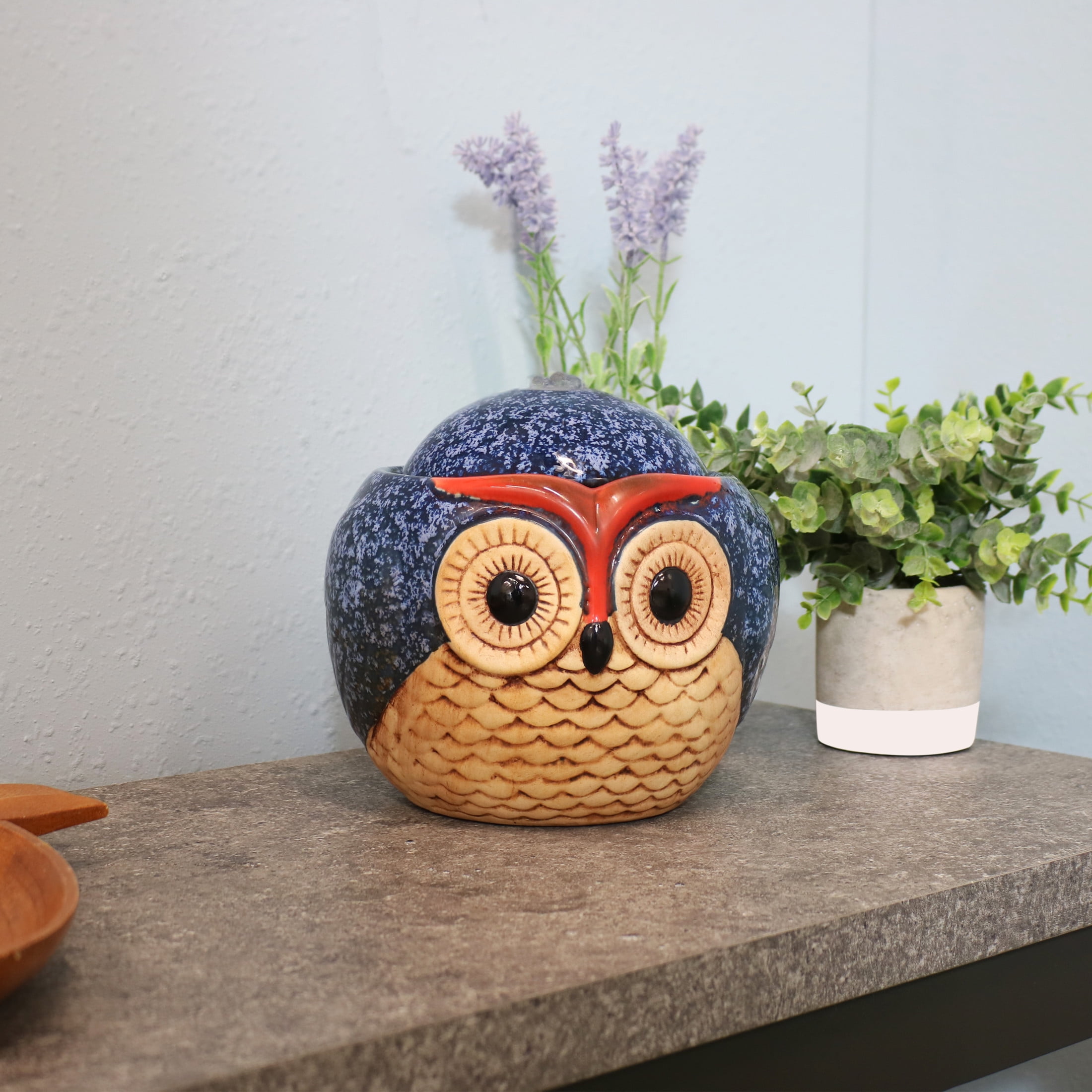 Whimsical Blue and Brown Ceramic Owl Tabletop Fountain