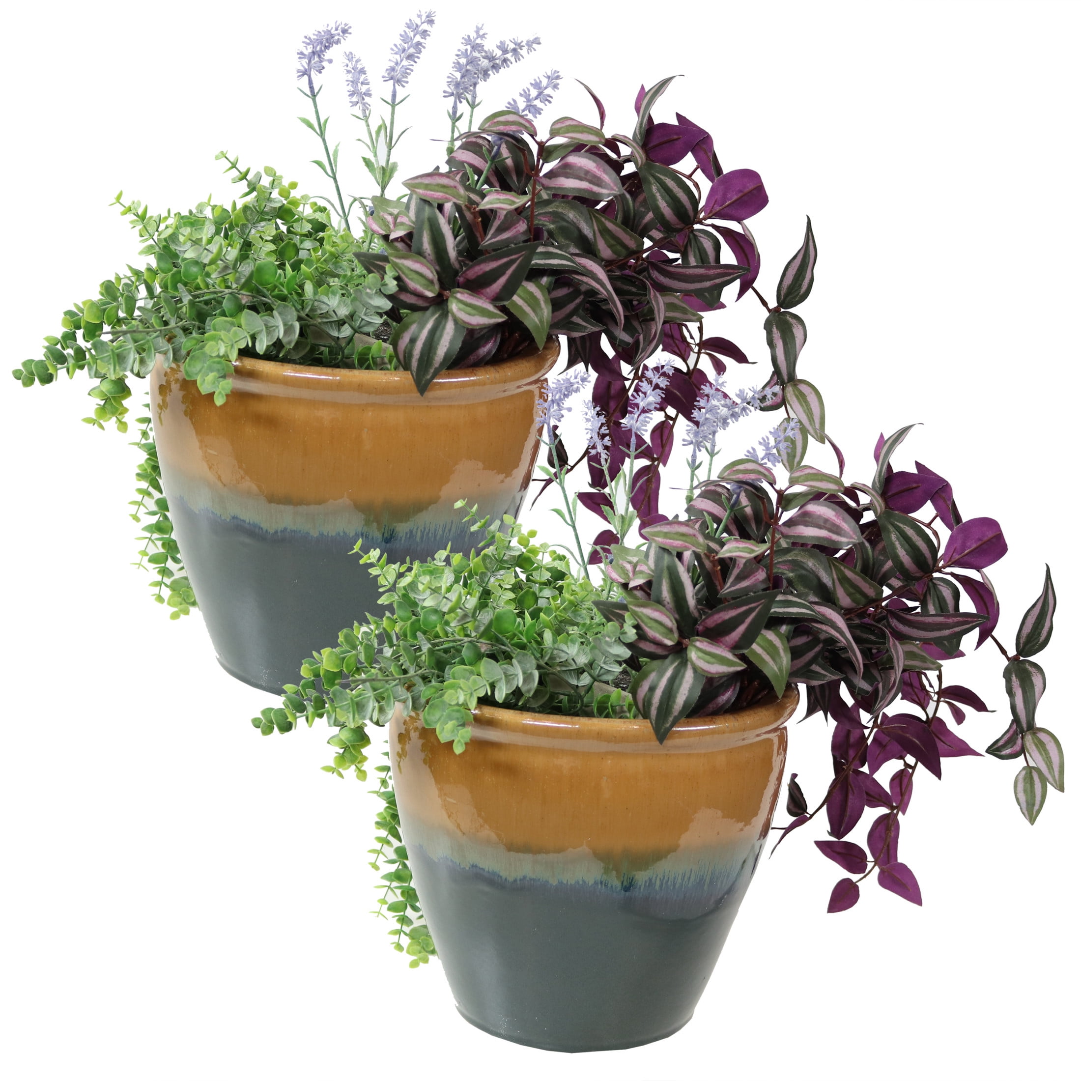 Sunnydaze Chalet 11.75" x 11.75" x 9.5" Round Forest Green Ceramic Outdoor Planter 2-Count