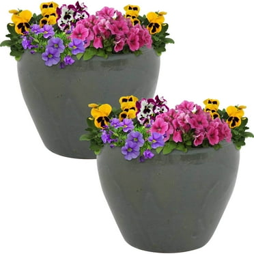Sunnydaze Chalet 11.75" x 11.75" x 9.5" Round Gray Ceramic Outdoor Planter 2-Count