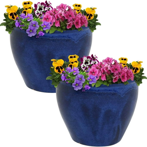 Sunnydaze Chalet 11.75" x 11.75" x 9.5" Round Imperial Blue Ceramic Outdoor Planter 2-Count
