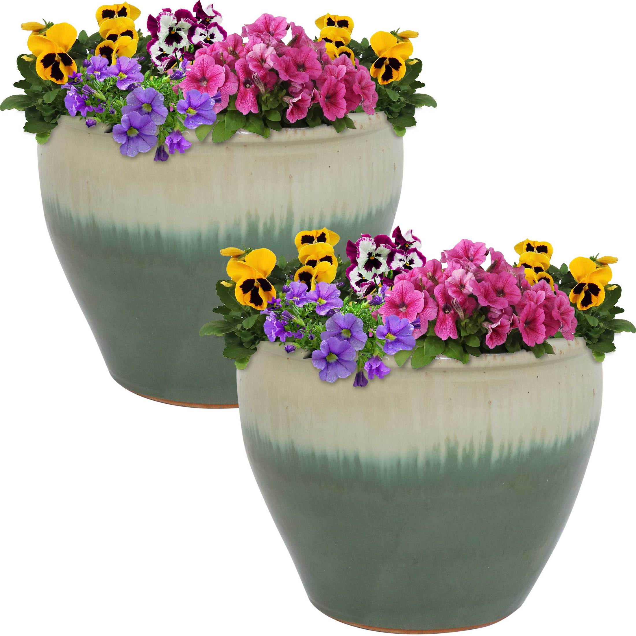 Sunnydaze Chalet 11.75" x 11.75" x 9.5" Round Seafoam Ceramic Outdoor Planter 2-Count