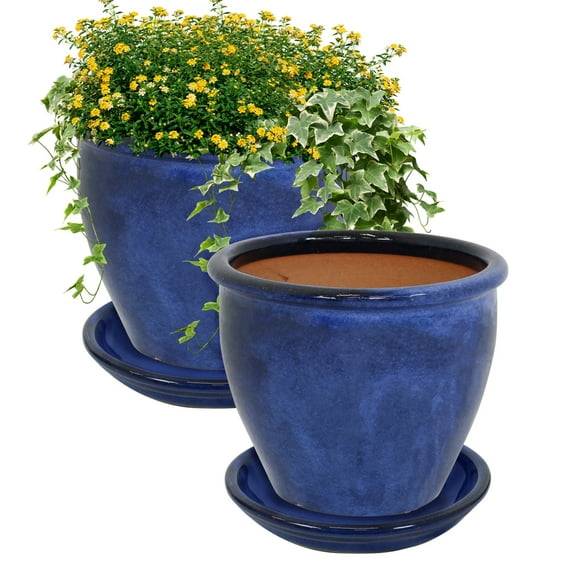 Sunnydaze Chalet 12" x 12" x 9.5" Round Imperial Blue Ceramic Solid Plant Pot with Saucers (2-Count)