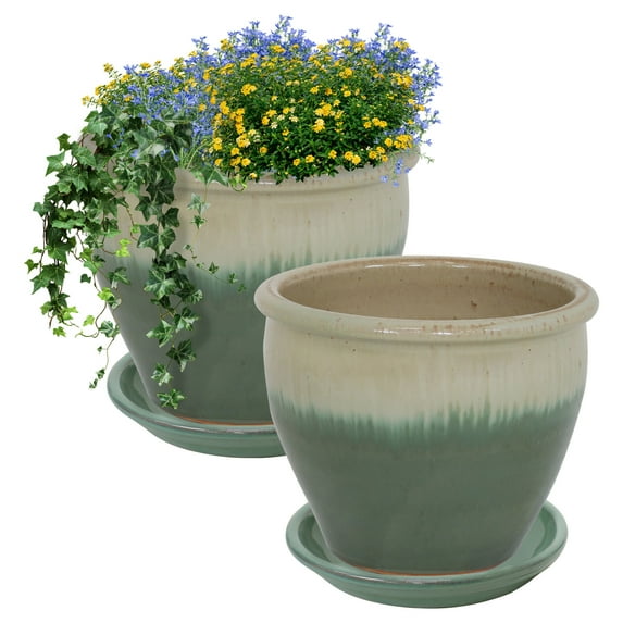 Sunnydaze Chalet 12" x 12" x 9.5" Round Seafoam Ceramic Solid Plant Pot with Saucers (2-Count)