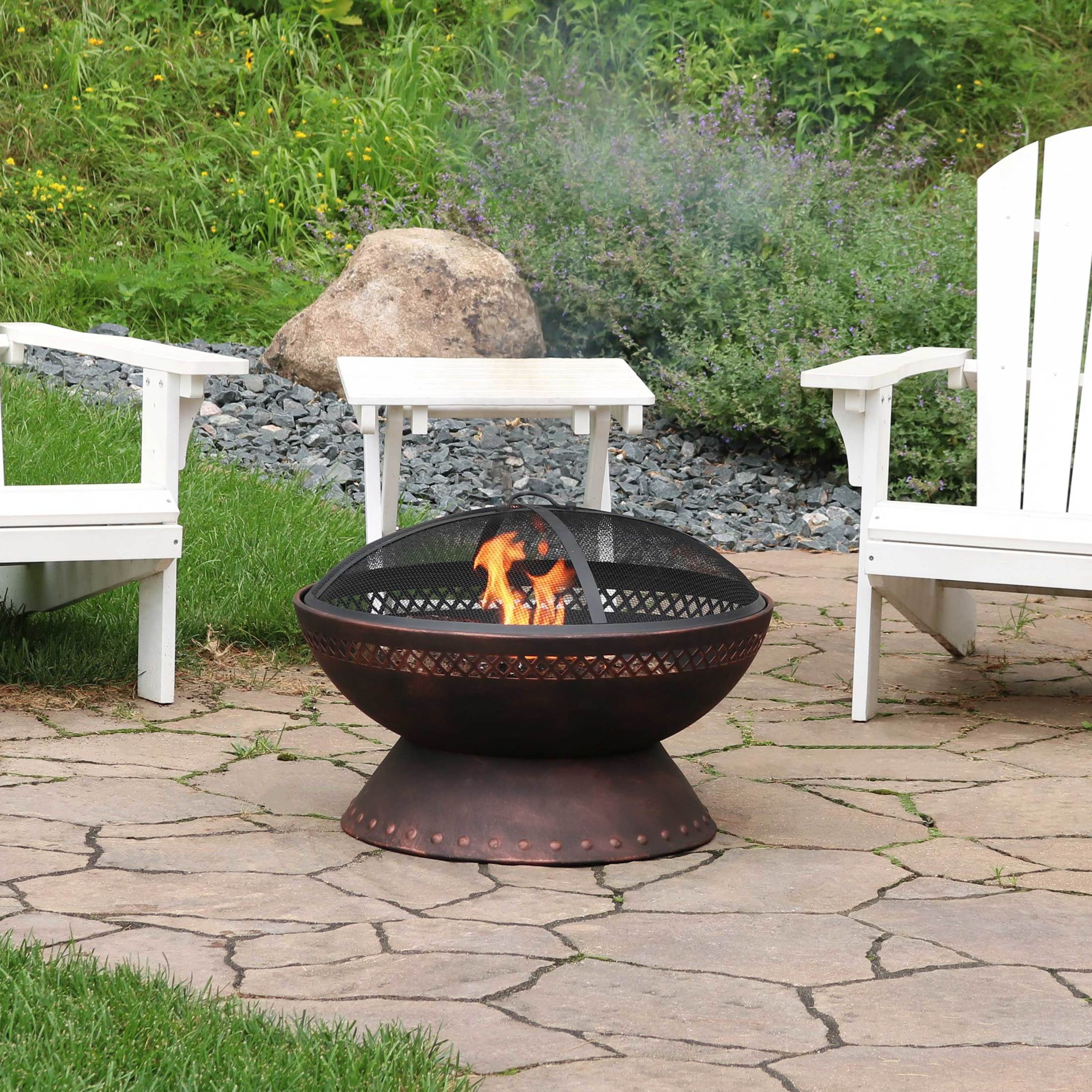 25-Inch Black Steel Wood Burning Fire Pit with Spark Screen