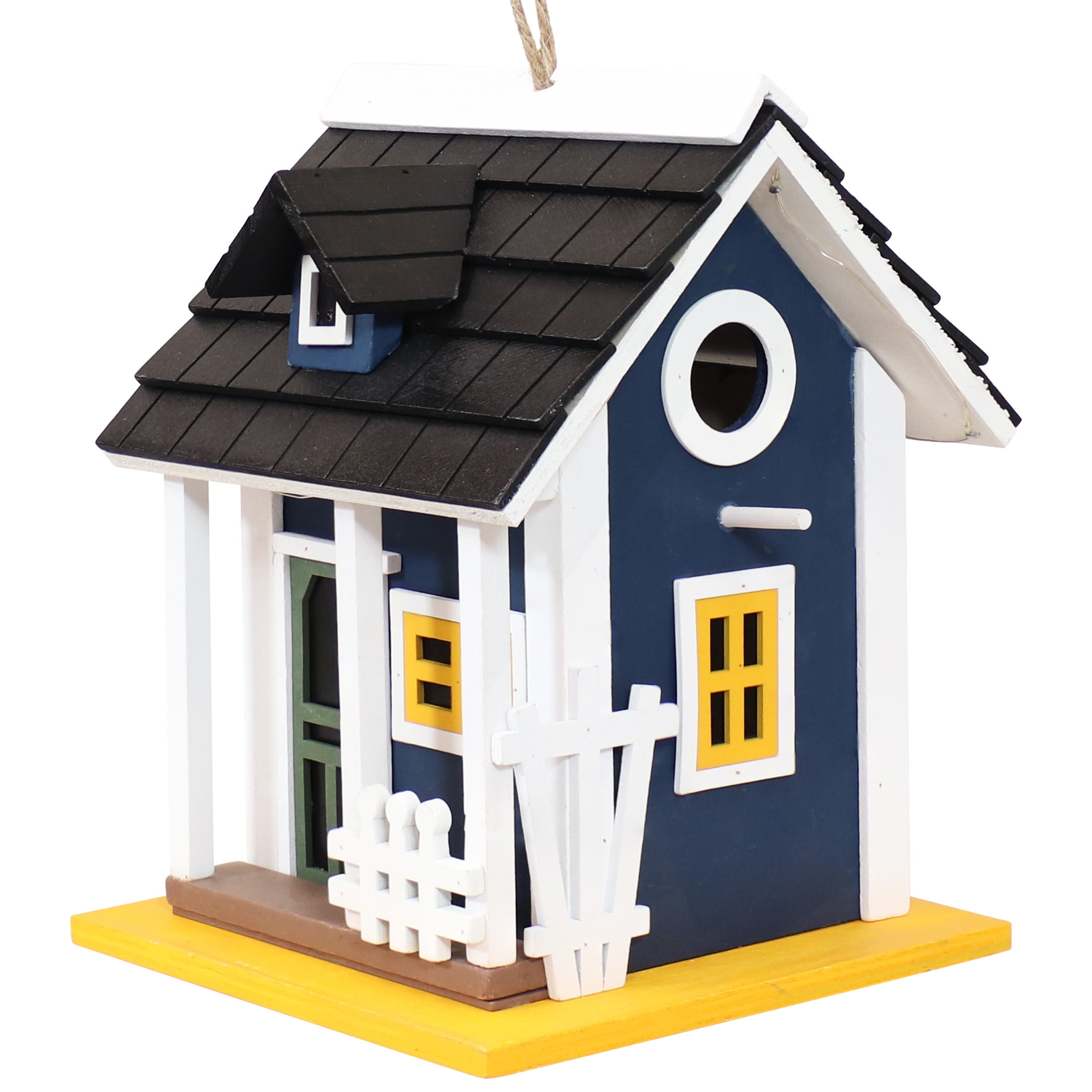 Charming Midnight Blue Pine Plywood Cottage Bird House with Solar Light