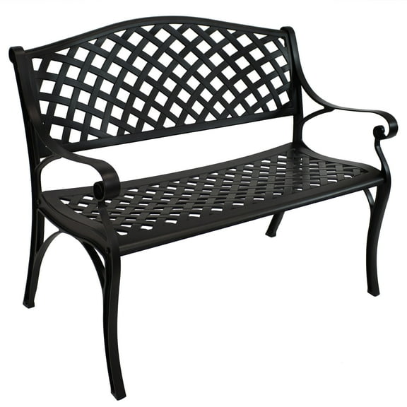 Sunnydaze Checkered 2-Person Cast Aluminum Garden Bench, Black