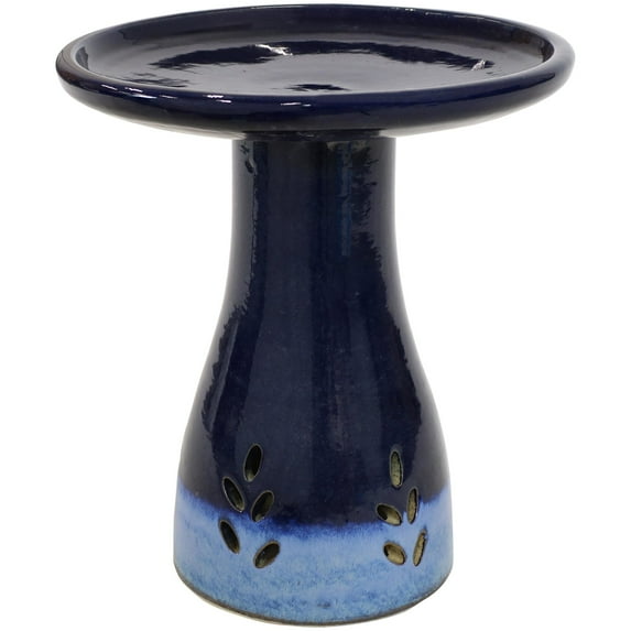 Sunnydaze Classic Freestanding Ceramic Outdoor Bird Bath, UV-Resistant Dark Blue Finish