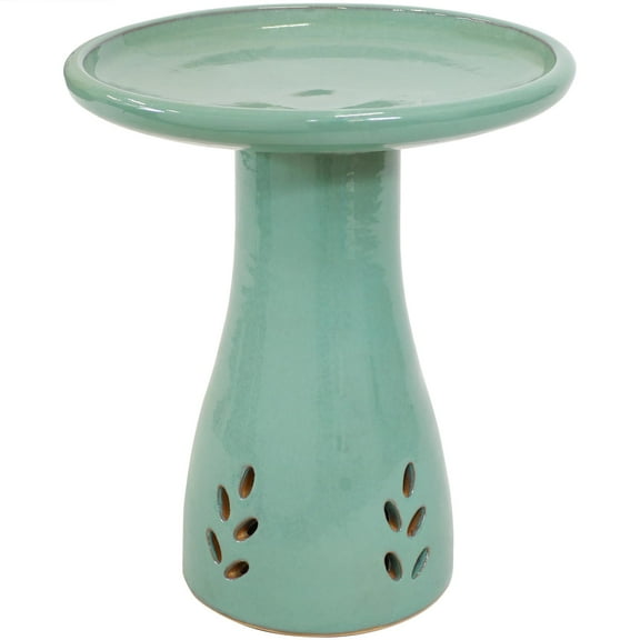 Sunnydaze Classic Freestanding Ceramic Outdoor Bird Bath, UV-Resistant Seafoam Finish