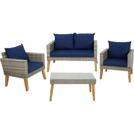 Sunnydaze Clifdon 4-Piece Polyrattan Outdoor Conversation Set, Gray/Blue