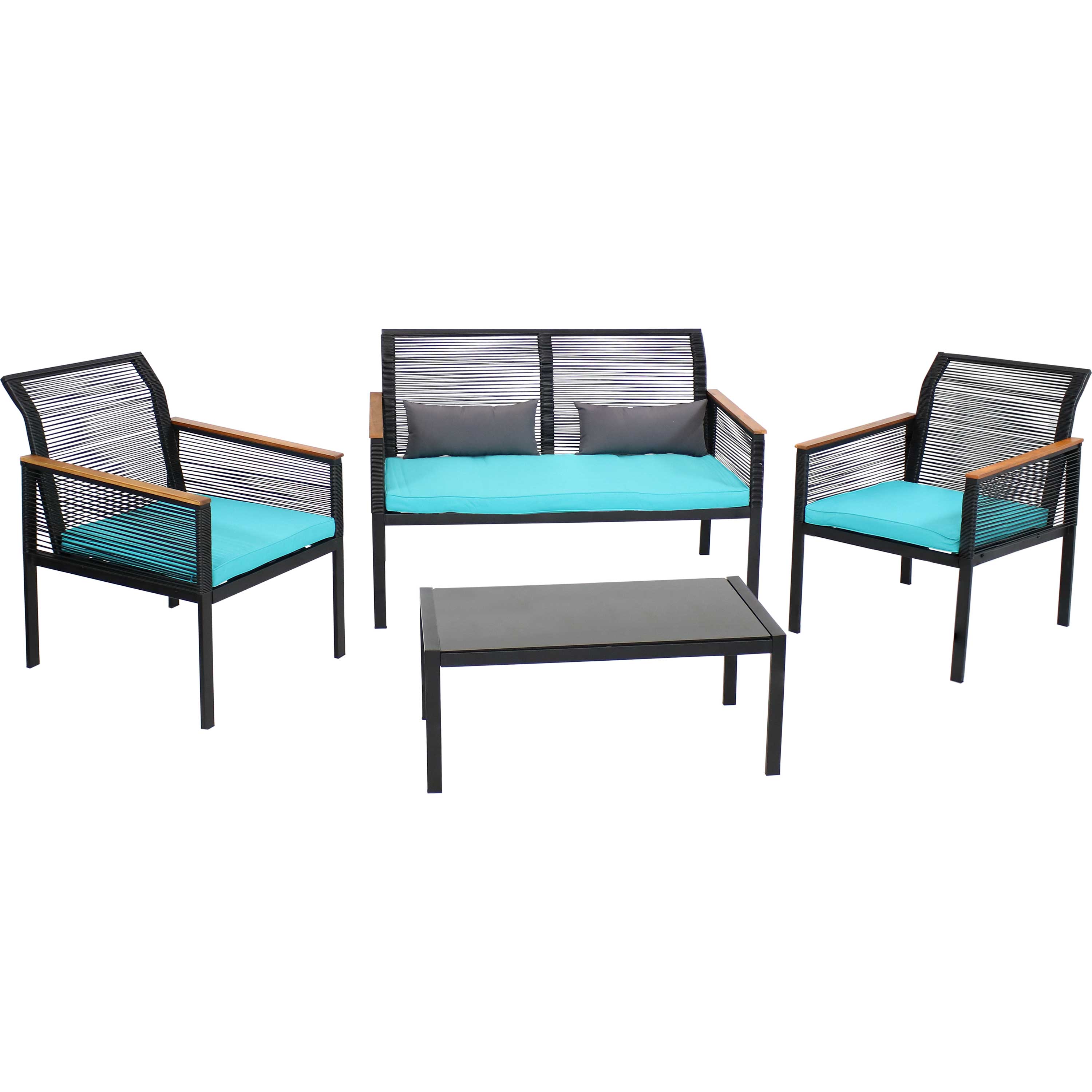 Sunnydaze Coachford 4-Piece Black Resin Rattan Outdoor Patio Furniture Set - Blue Cushions - image 1 of 10