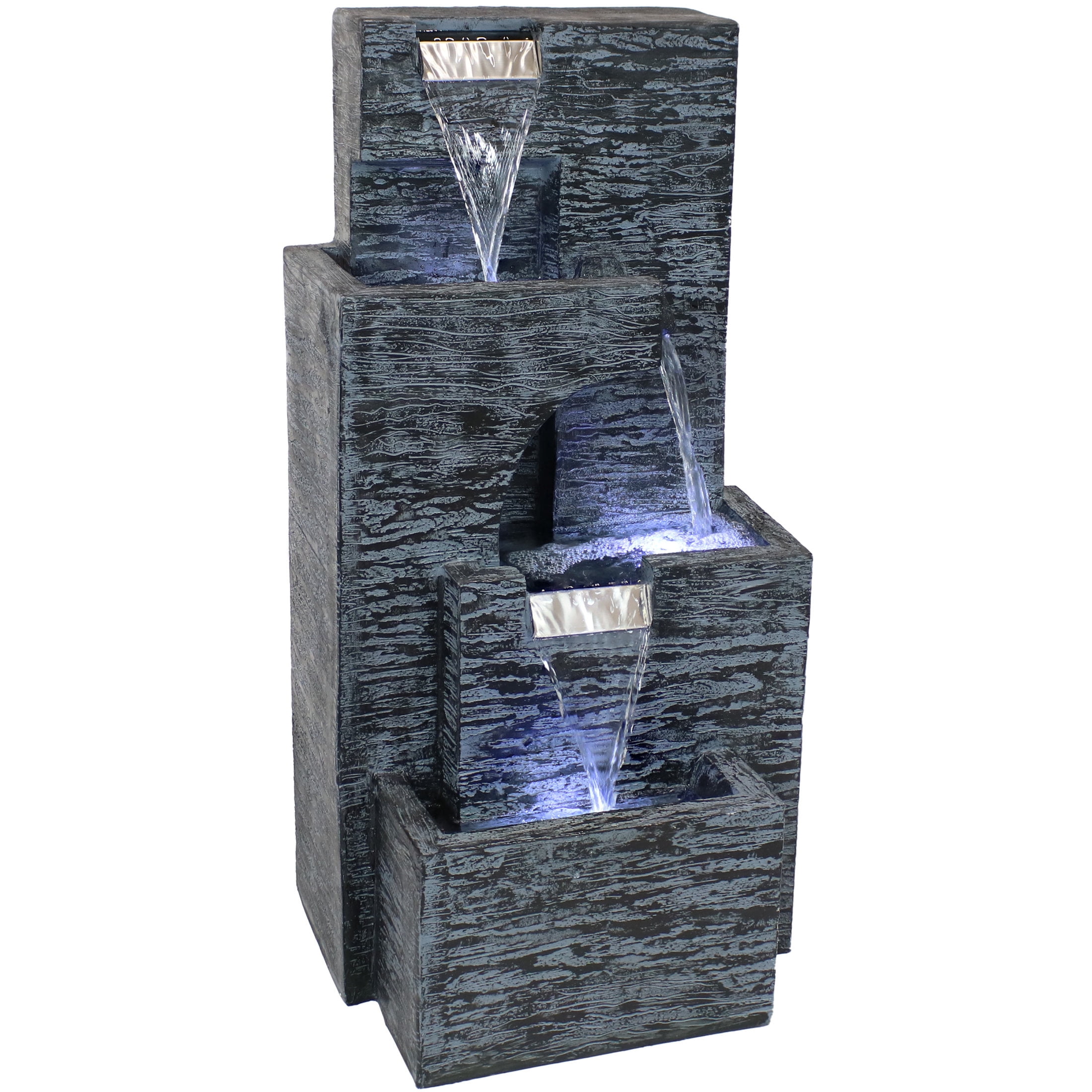 32-Inch Gray Polyresin Cascading Tower Outdoor Water Fountain with LED Lights
