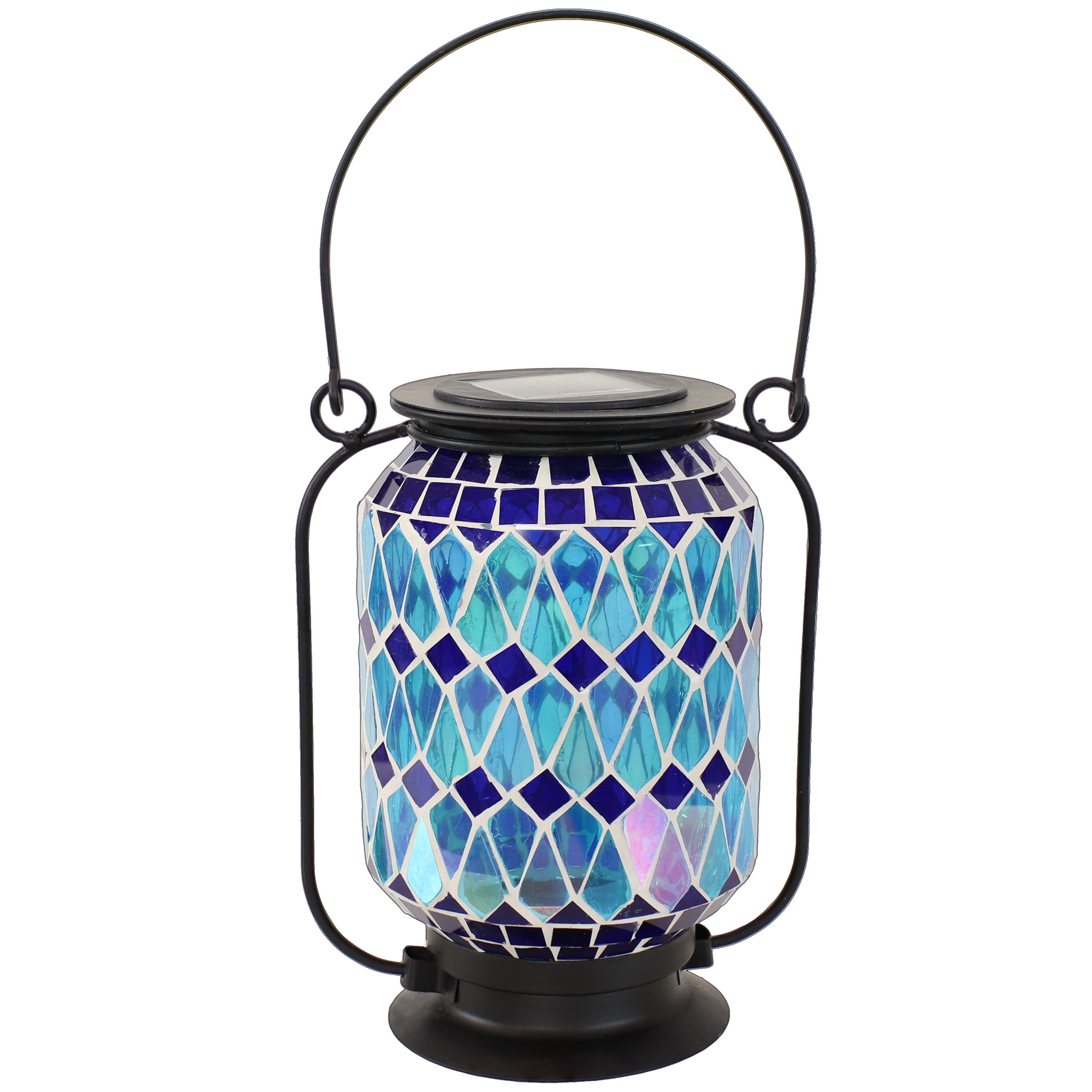Cool Blue Mosaic Glass Solar LED Outdoor Lantern with Metal Frame