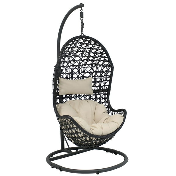 Sunnydaze Cordelia Resin Wicker Egg Hanging Chair with Cushions and Stand, Beige