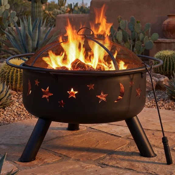 Sunnydaze Cosmic 30" Round Black Wood-Burning Brown Finish Steel Fire Pit with Cooking Grate