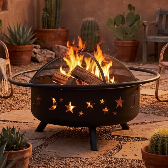 Sunnydaze Cosmic 31" Round Black Wood-Burning Steel Fire Pit with Cooking Grate