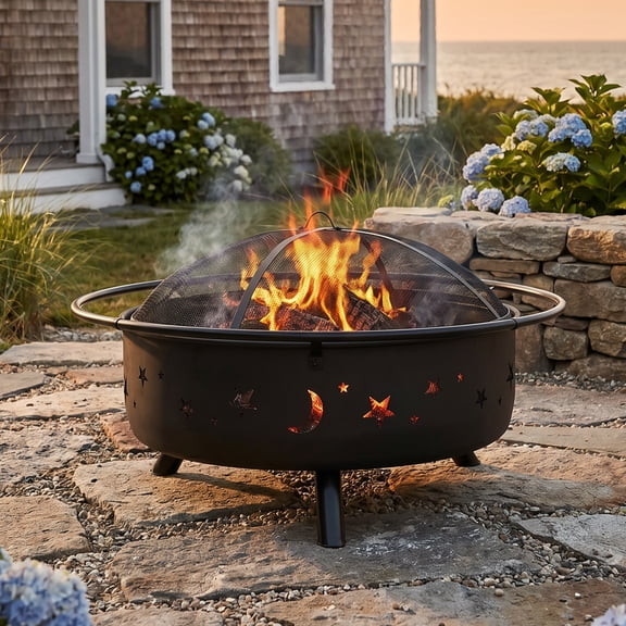 Sunnydaze Cosmic 42" Round Black Wood-Burning Steel Fire Pit with Cooking Grate