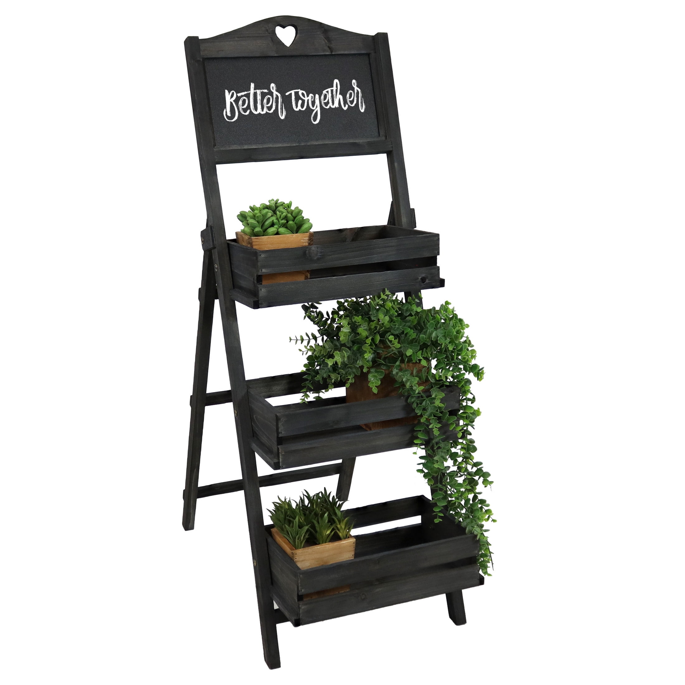 Black Fir Wood 3-Tier Ladder Plant Stand with Chalkboard