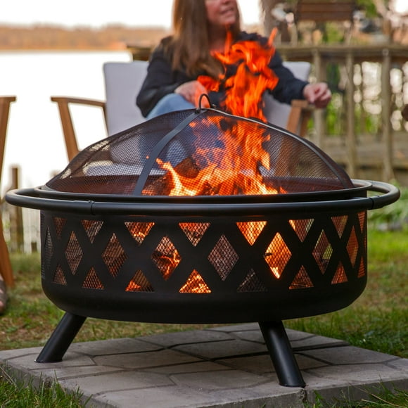Sunnydaze Crossweave 36" Round Wood-Burning Black Finish Steel Outdoor Fire Pit with Screen