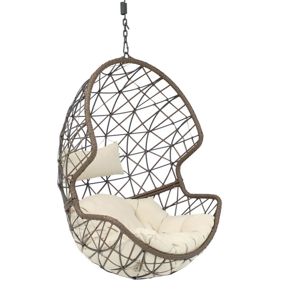 Sunnydaze Danielle Resin Wicker Egg Hanging Chair with Cushions, Beige
