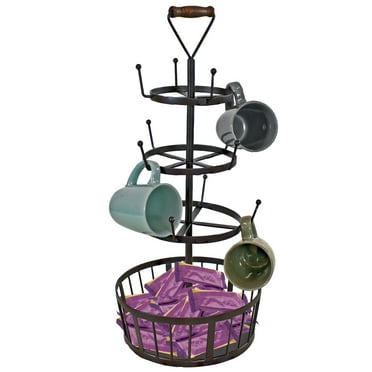Sunnydaze Dark Brown Metal 4-Tier 12-Cup Coffee Mug Tree with Basket