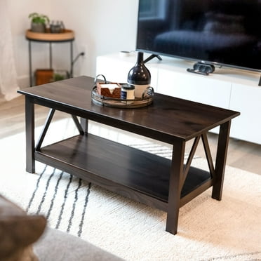 Sunnydaze Rectangular Solid Pine Wood Coffee Table with Storage Shelf, Dark Brown