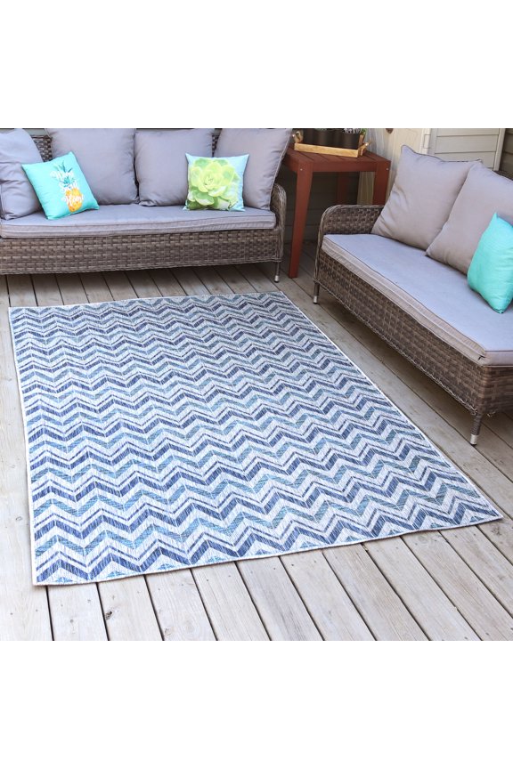 Dreams Classic Flat Weave Blue Chevron Outdoor Area Rug, 5' x 7'