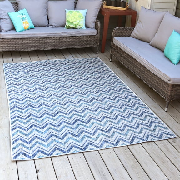 Sunnydaze Dreams Classic Flat Weave Blue Chevron Outdoor Area Rug, 5' x 7'