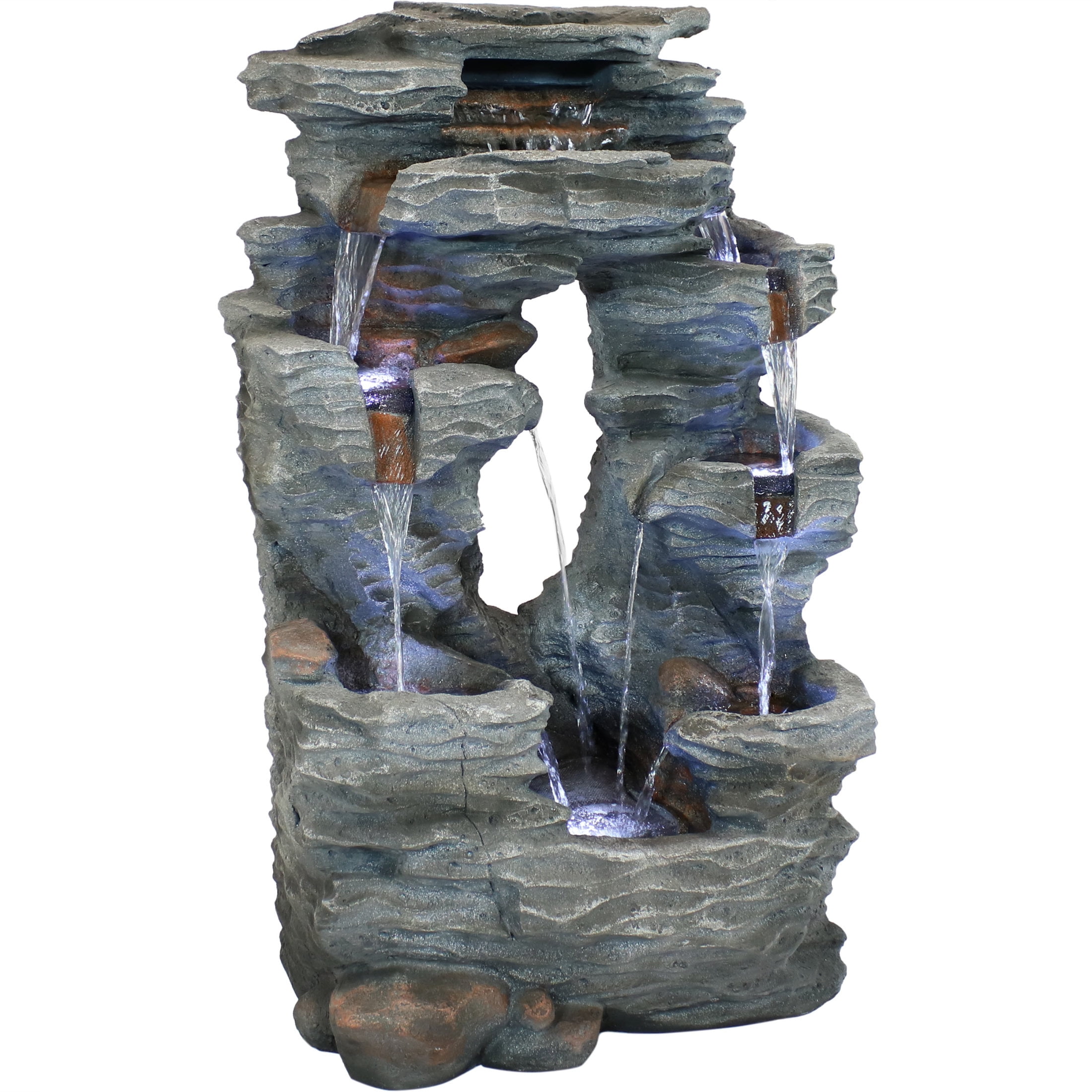 Sunnydaze Dual Cascading Rock Falls Polyresin Outdoor Water Fountain with Lights