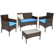 Sunnydaze Dunmore 4-Piece Resin Wicker Outdoor Conversation Set, Brown/Blue