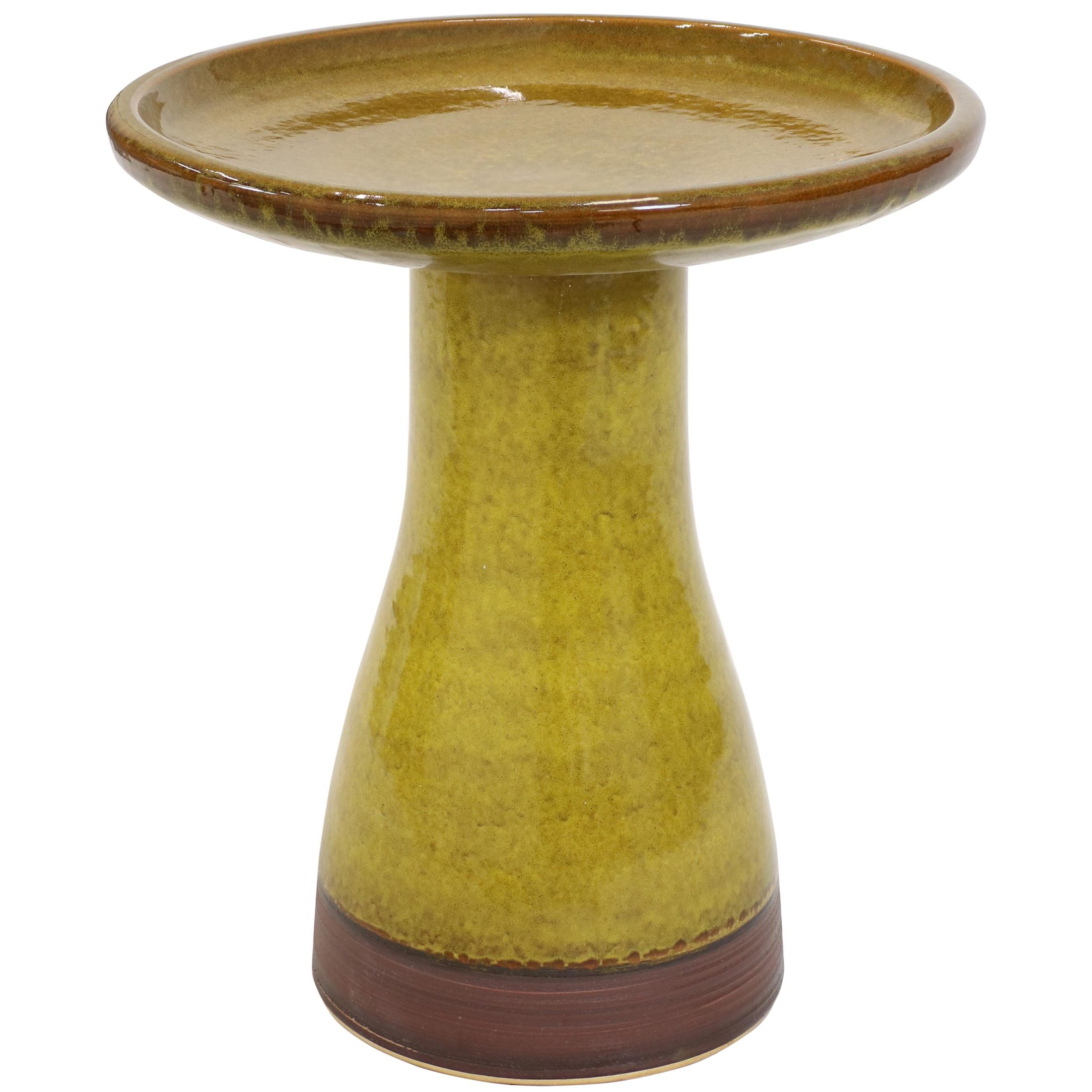 Cognac Yellow Ceramic Bird Bath with Ribbed Pedestal
