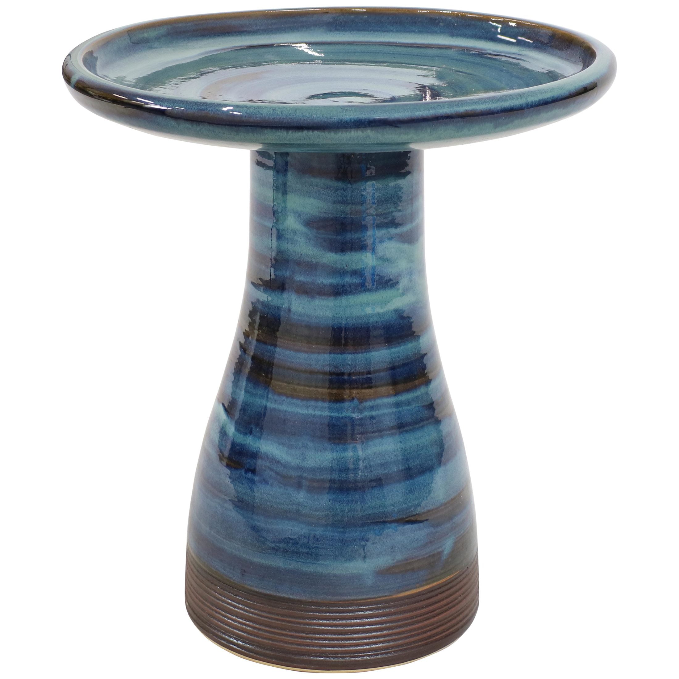 Sunnydaze Duo-Tone Freestanding Ceramic Outdoor Bird Bath, UV-Resistant Galaxy Blue Finish