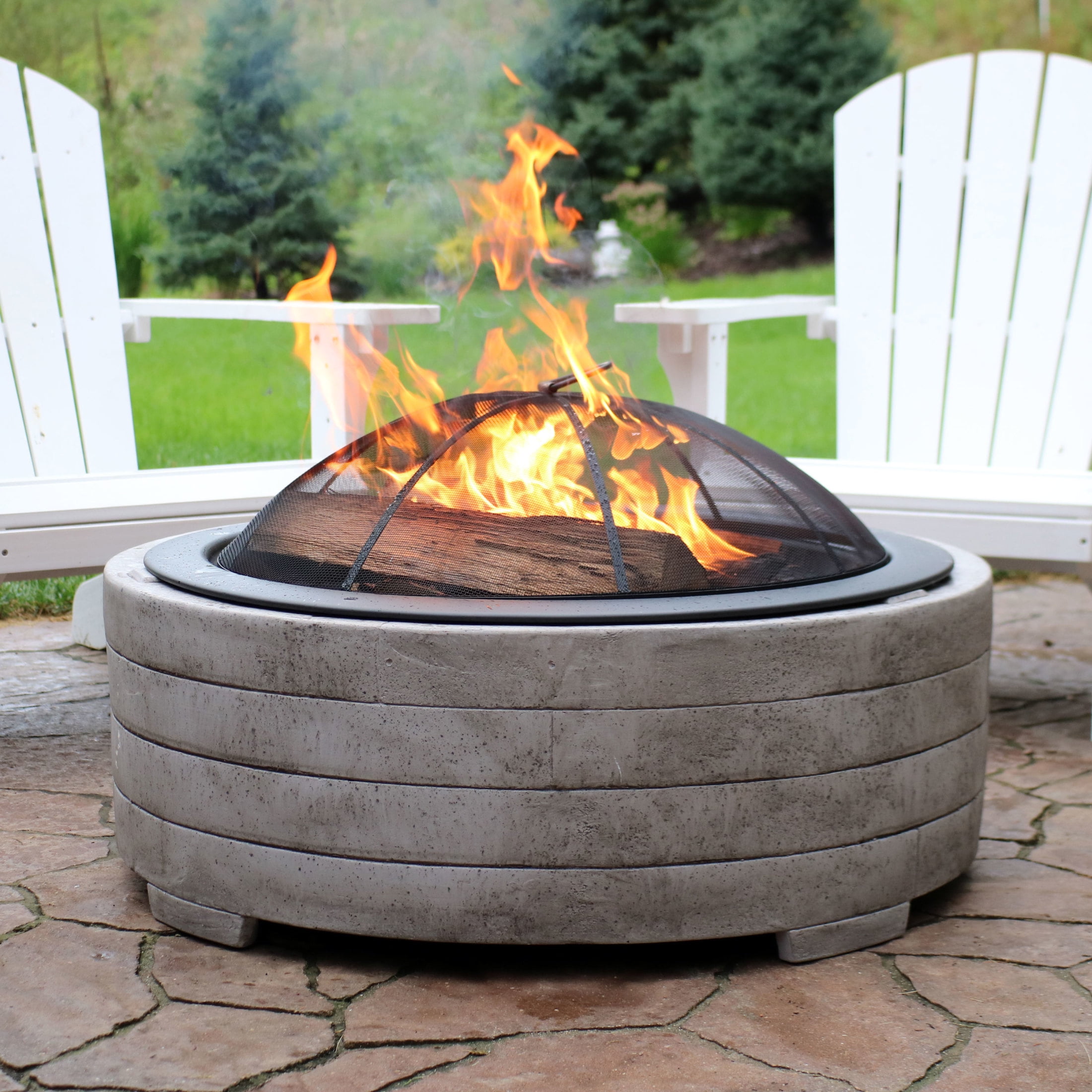 Large Round Gray Faux Stone Wood-Burning Fire Pit with Handles