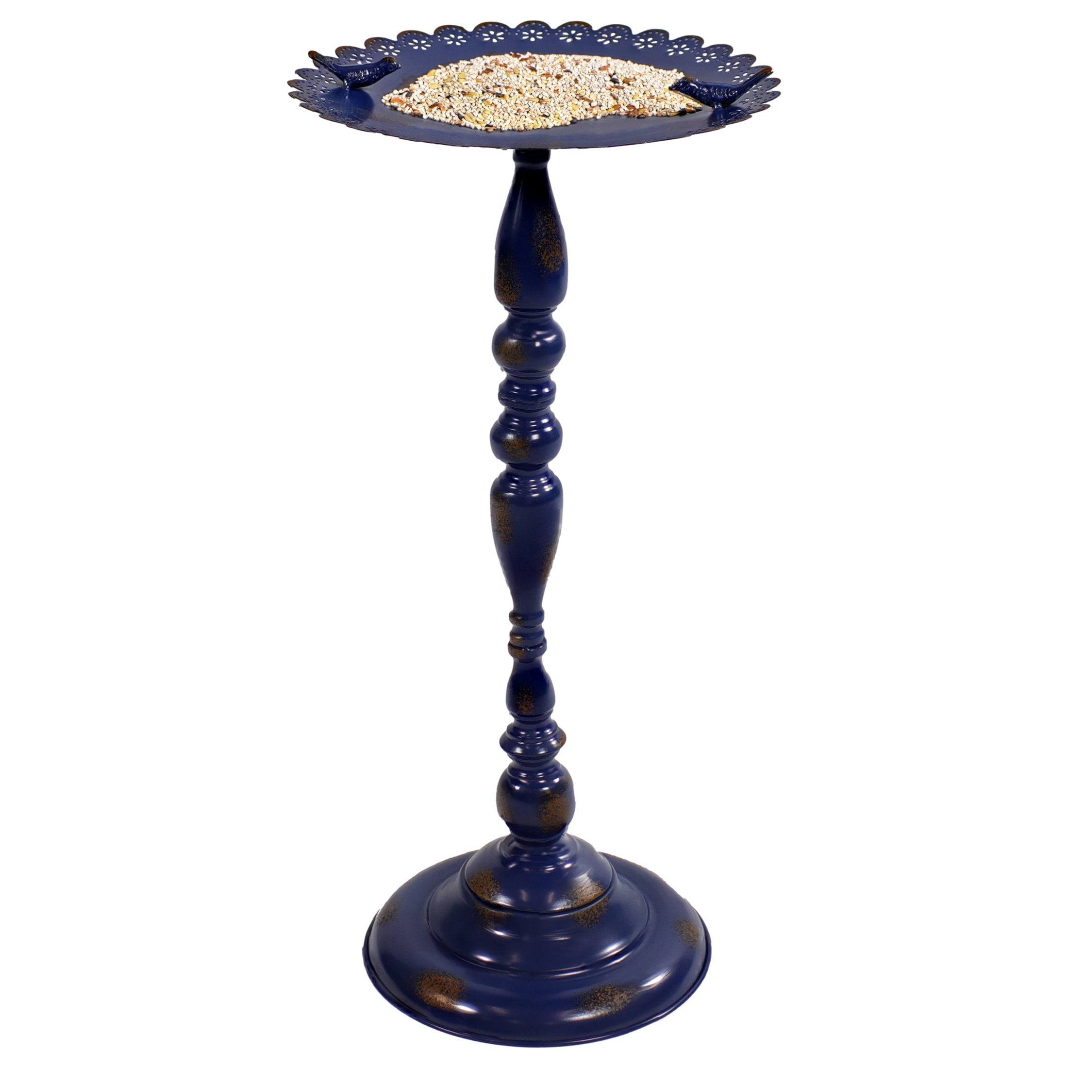 Vintage Blue Iron Pedestal Bird Feeder with Scalloped Edges