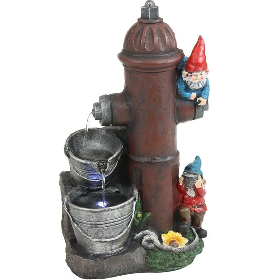 Sunnydaze Fire Hydrant Gnomes Polyresin Outdoor Water Fountain with Lights