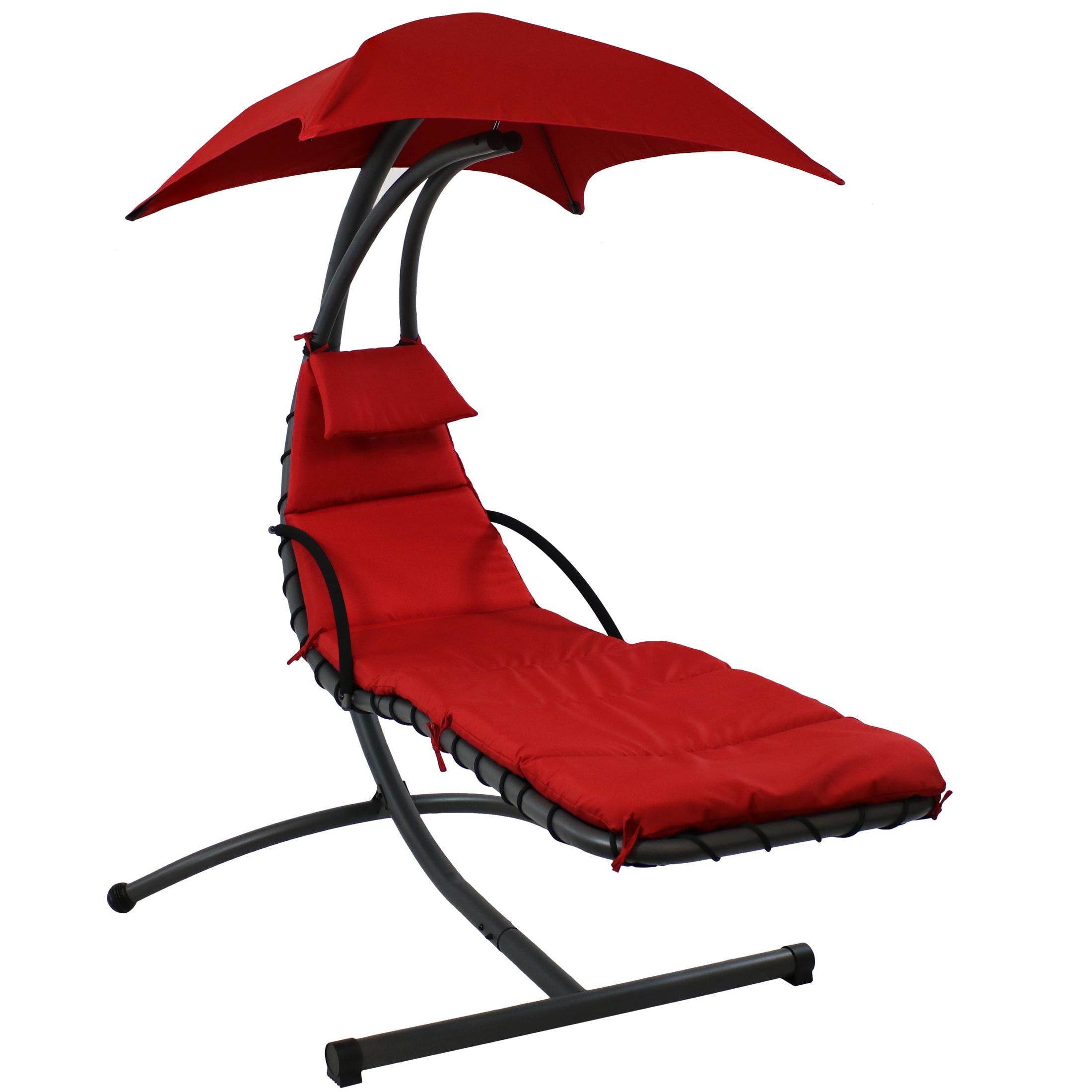 Red Steel Outdoor Hanging Chaise Lounge Chair with Canopy and Cushions