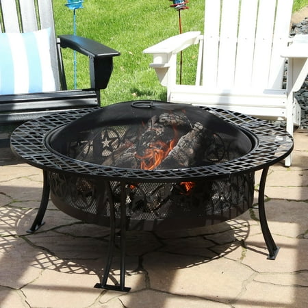 Sunnydaze Four Star 40" Round Wood-Burning Black Finish Steel Fire Pit Table with Screen