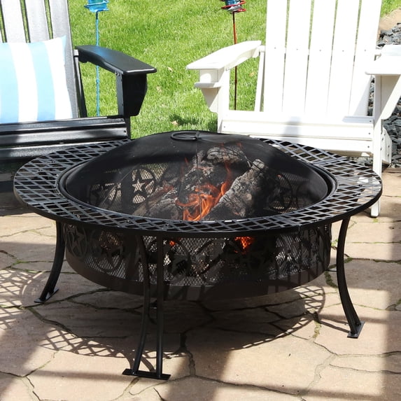 Sunnydaze Four Star 40" Round Wood-Burning Black Finish Steel Fire Pit Table with Screen