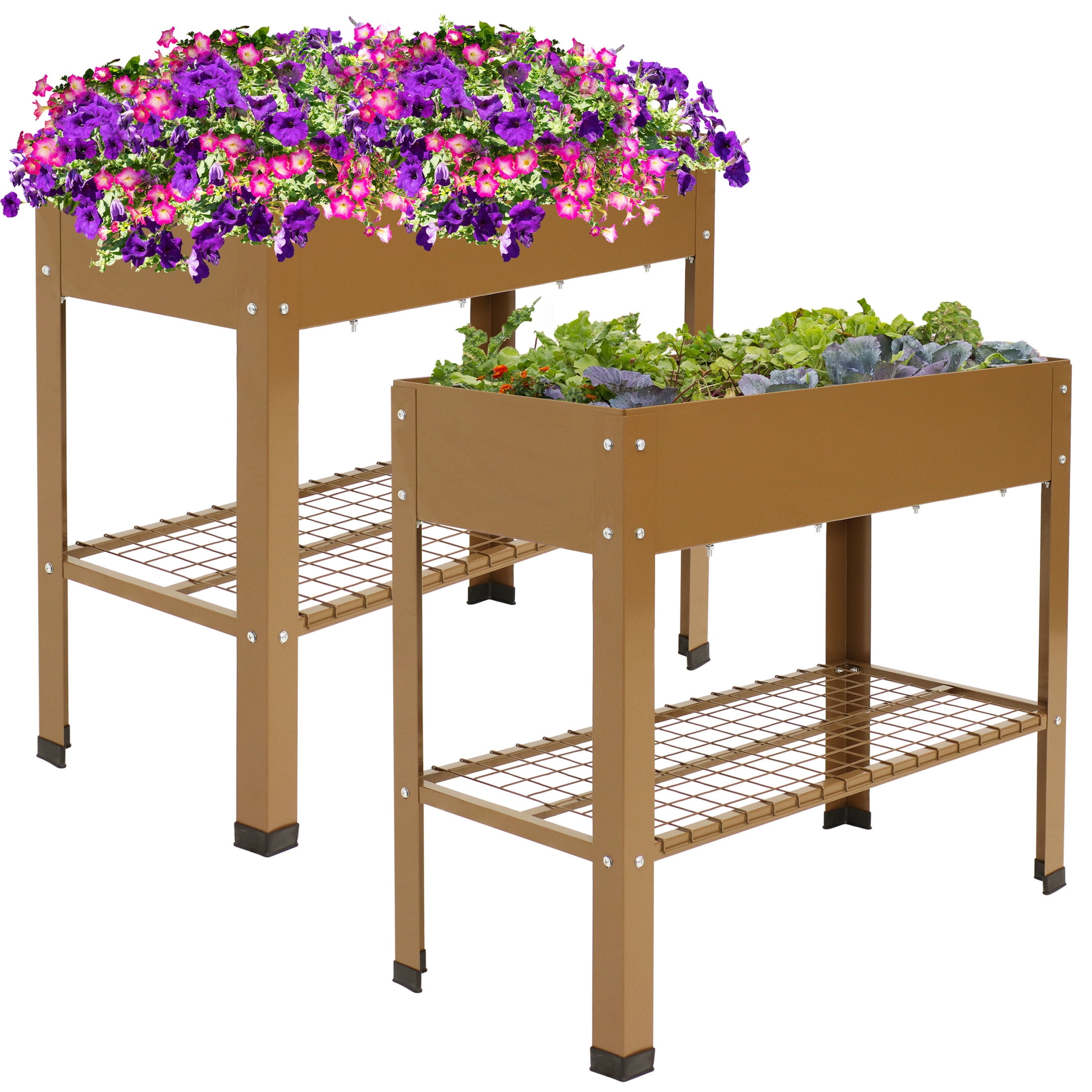 Sunnydaze Brown Galvanized Steel Raised Garden Bed Set with Mesh Shelf
