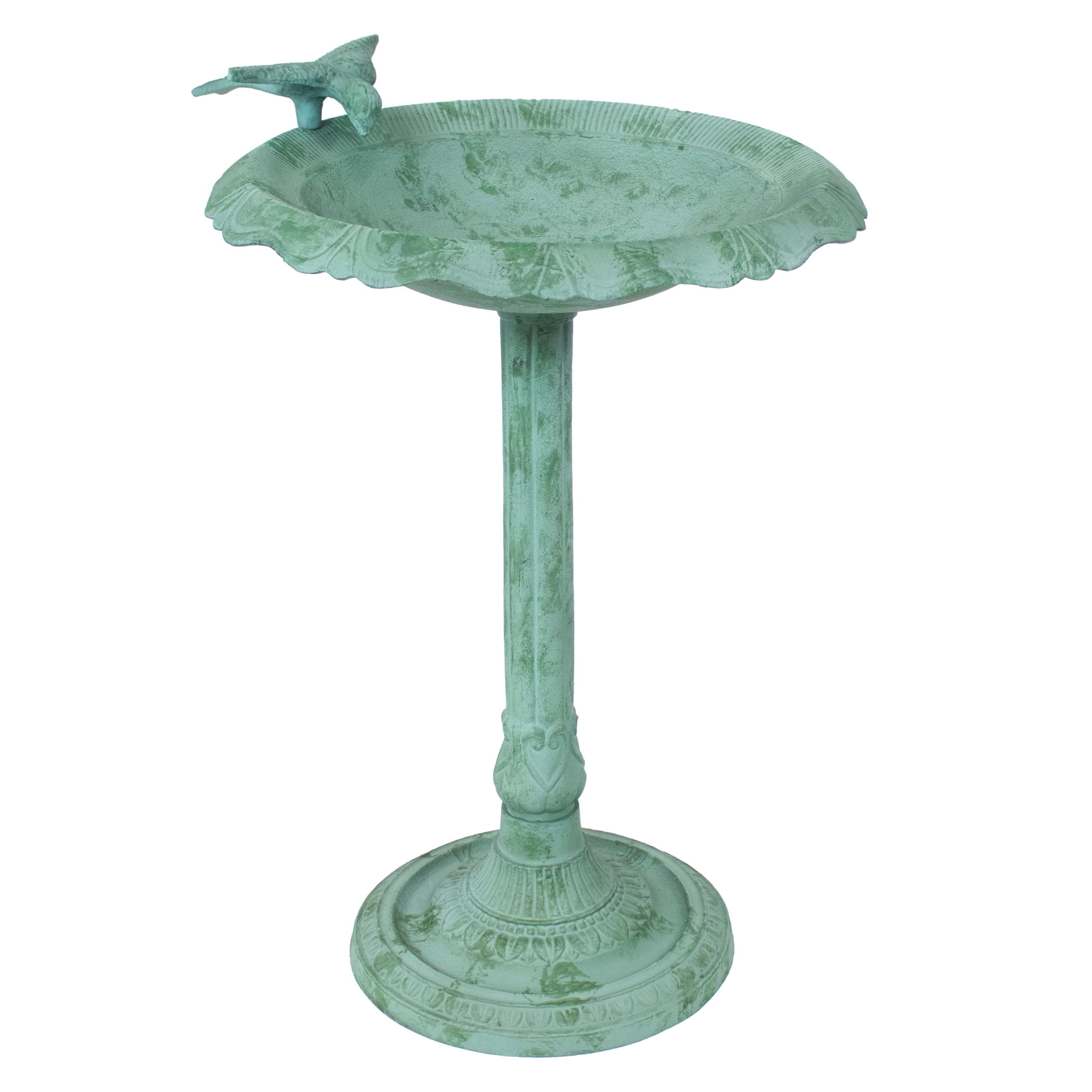 Green Patina Cast Aluminum Garden Bird Bath with Sculpture
