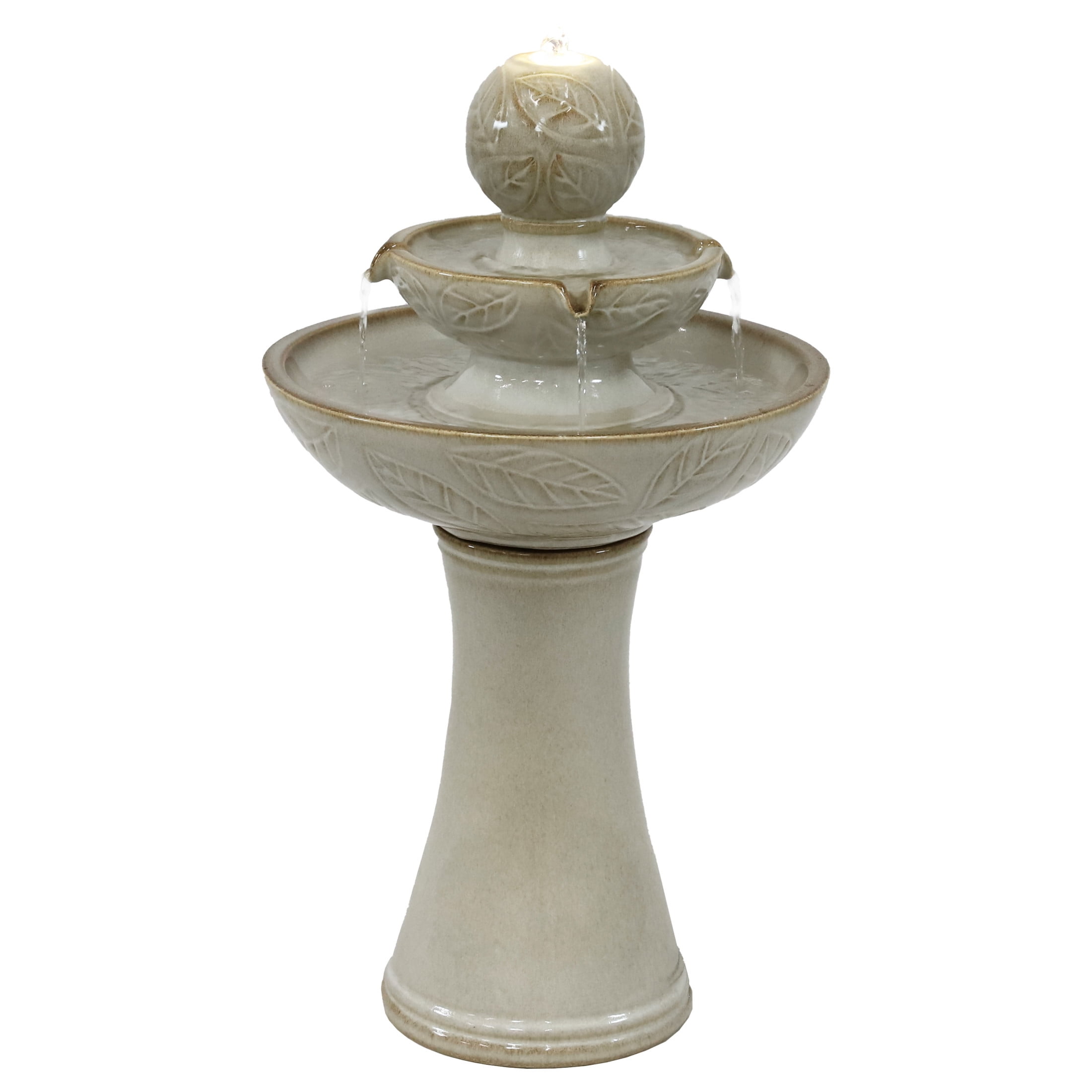 Off-White Ceramic 2-Tier Outdoor Fountain with LED Lights