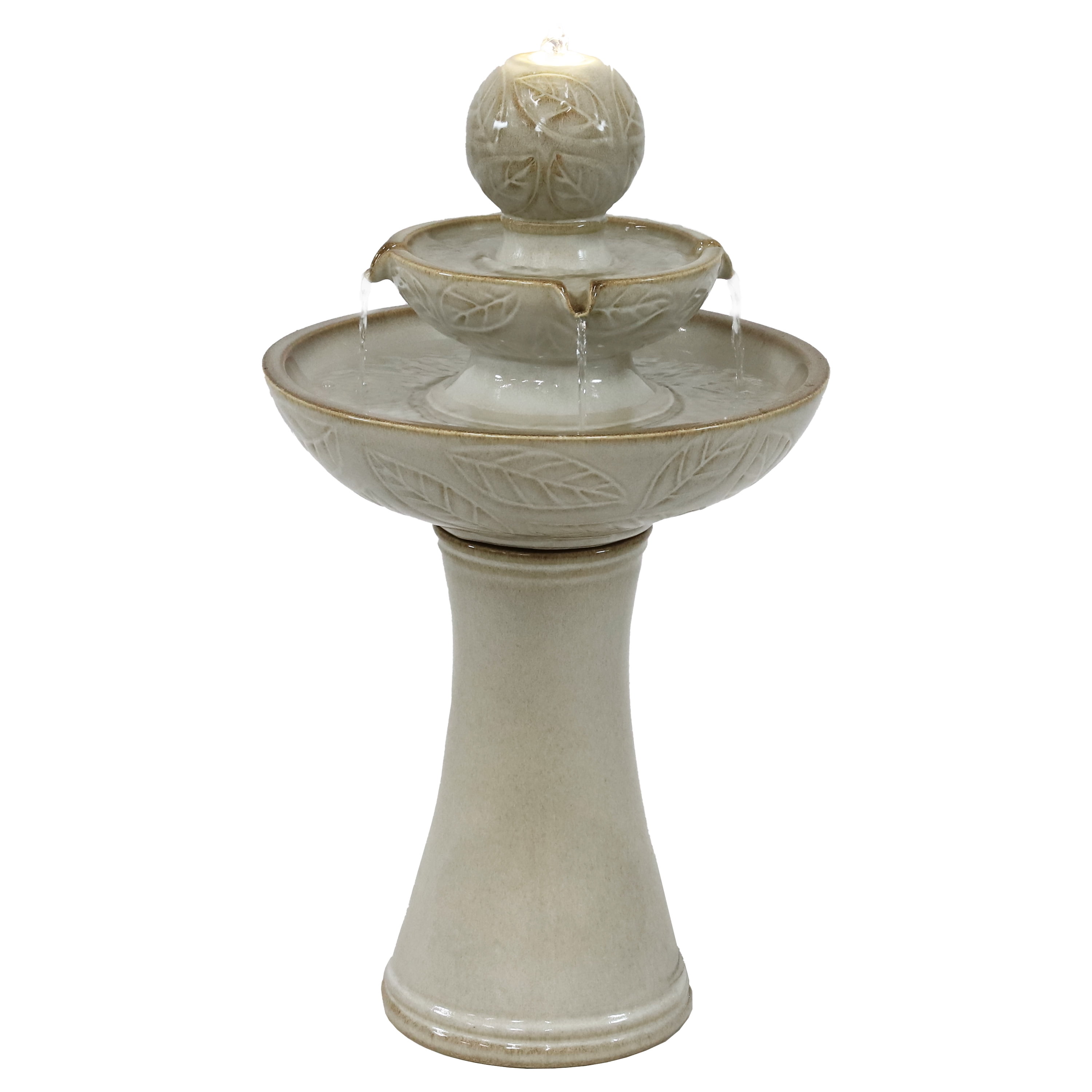 Off-White Ceramic 2-Tier Outdoor Fountain with LED Lights