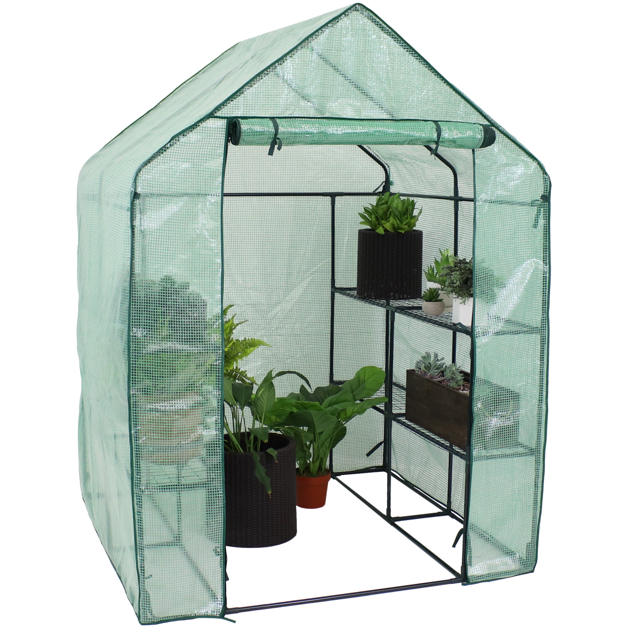 Green 55" x 55" x 77" Portable Walk-In Greenhouse with Shelves