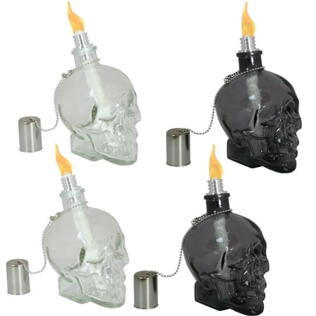 Sunnydaze Grinning Skull Glass Tabletop Torches - Black and Clear, 2 Black and 2 Clear