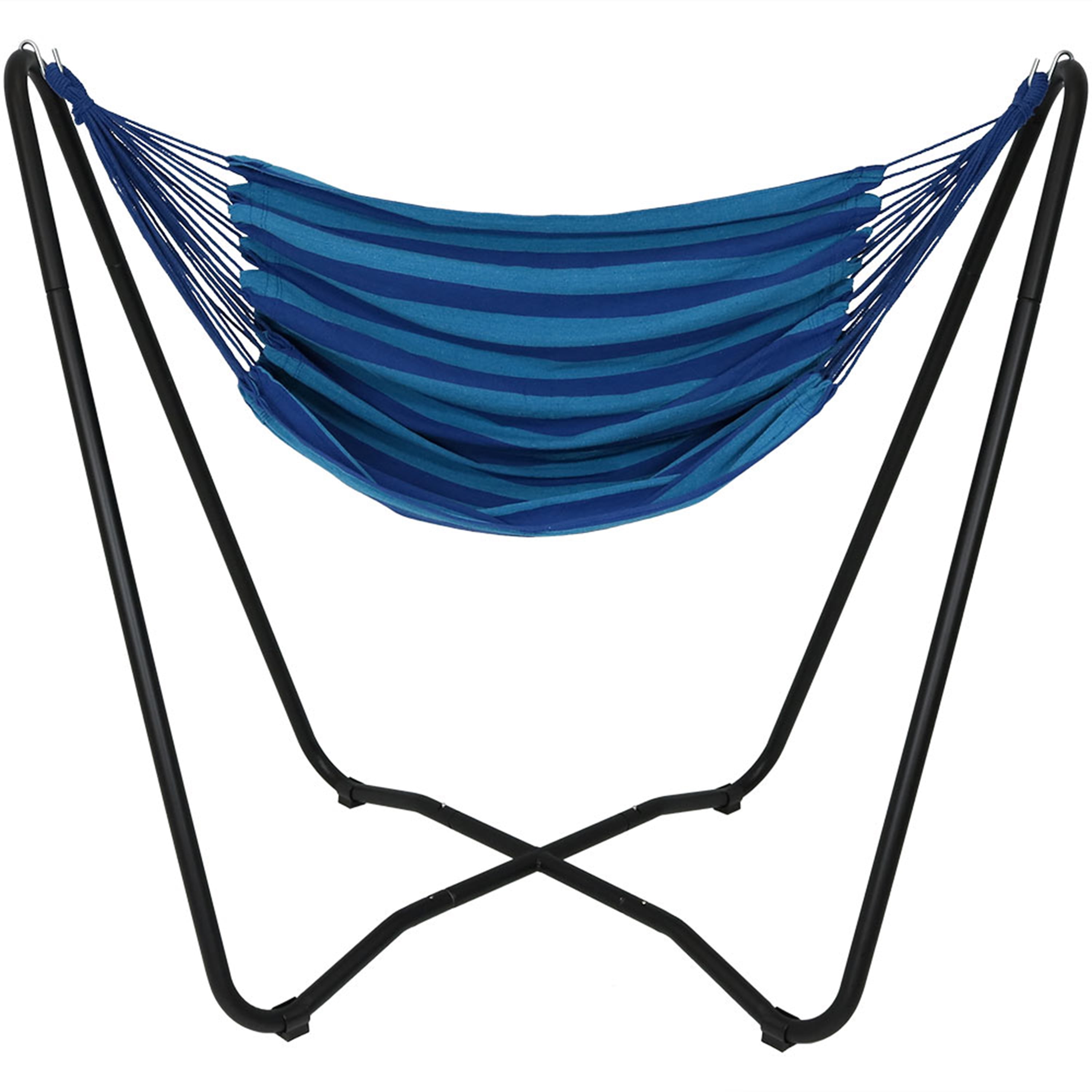 Blue Cotton Hanging Hammock Chair with Black Steel Stand