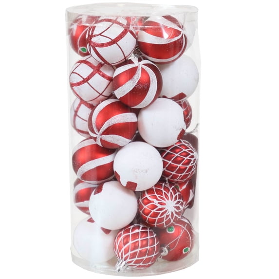 Sunnydaze Holiday Glitter Red/White Plastic Christmas Ornament Balls, 30 Count