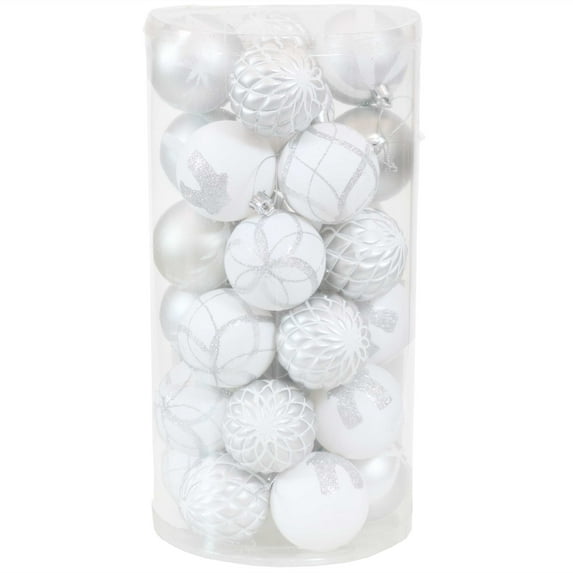 Sunnydaze Holiday Glitter Silver/White Plastic Christmas Ornament Balls, 30 Count