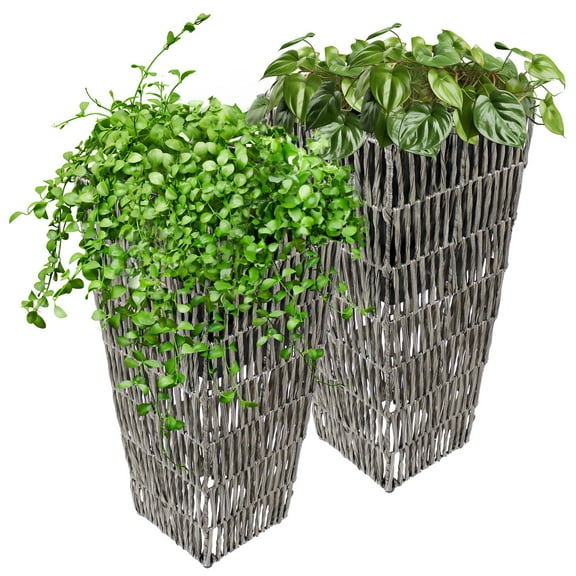 Sunnydaze Hyacinth 11" x 11" x 24" Square Fog Poly-Wicker Planter with Liner