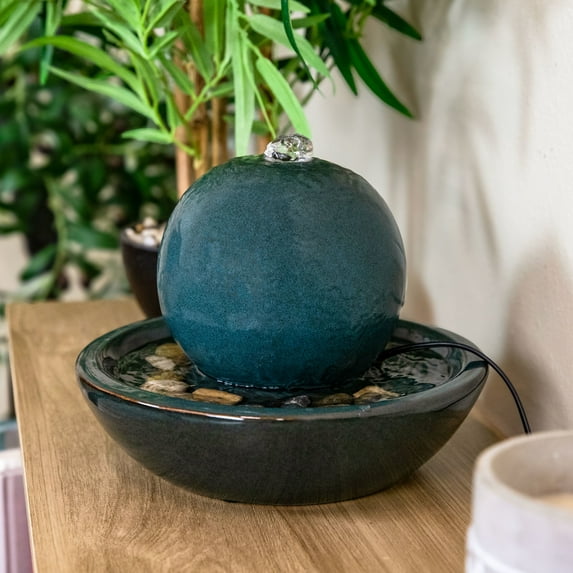 Sunnydaze Modern Teal Ceramic Tabletop Water Fountain with Orb