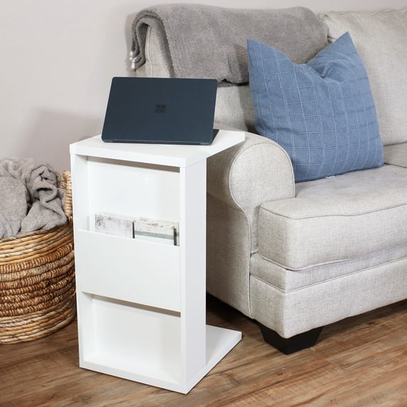 Sunnydaze Indoor Modern MDP C-Shaped End Table with Storage, White